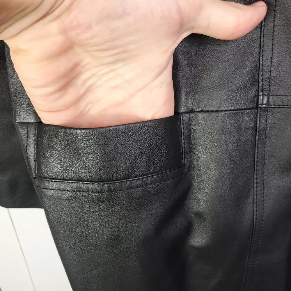 Tribeca Studio Leather Coat Womens Large Mid Length Black Minimalist Classic